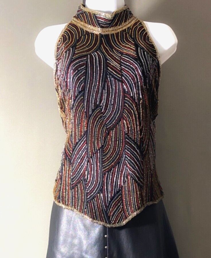 80s Papell Boutique Beaded Halter Top, Vintage Evening NYE Party Outfit Sz XL Stretch Beaded Top For Party, Glamorous Embroidered Party Tops, Beaded Top For Spring Party, Spring Party Beaded Top, Fall Multicolor Embellished Tops, Glamorous Beaded Tops For Party Season, Elegant Beaded Tops For Party, Glamorous Fitted Beaded Tops, Glamorous Beaded Evening Tops