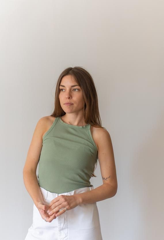 Vintage Olive Green Rib Knit Tank Top Sage Green Base Layer | Etsy Basic Green Stretch Crop Top, Green Stretch Basic Tank Top, Green Stretch Cotton Crop Top, Trendy Green Tops For Everyday Wear, Olive Stretch Summer Tops, Olive Stretch Top For Summer, Summer Stretch Olive Tops, Green Cotton Tank Top For Spring, Stretchy Olive Summer Tops