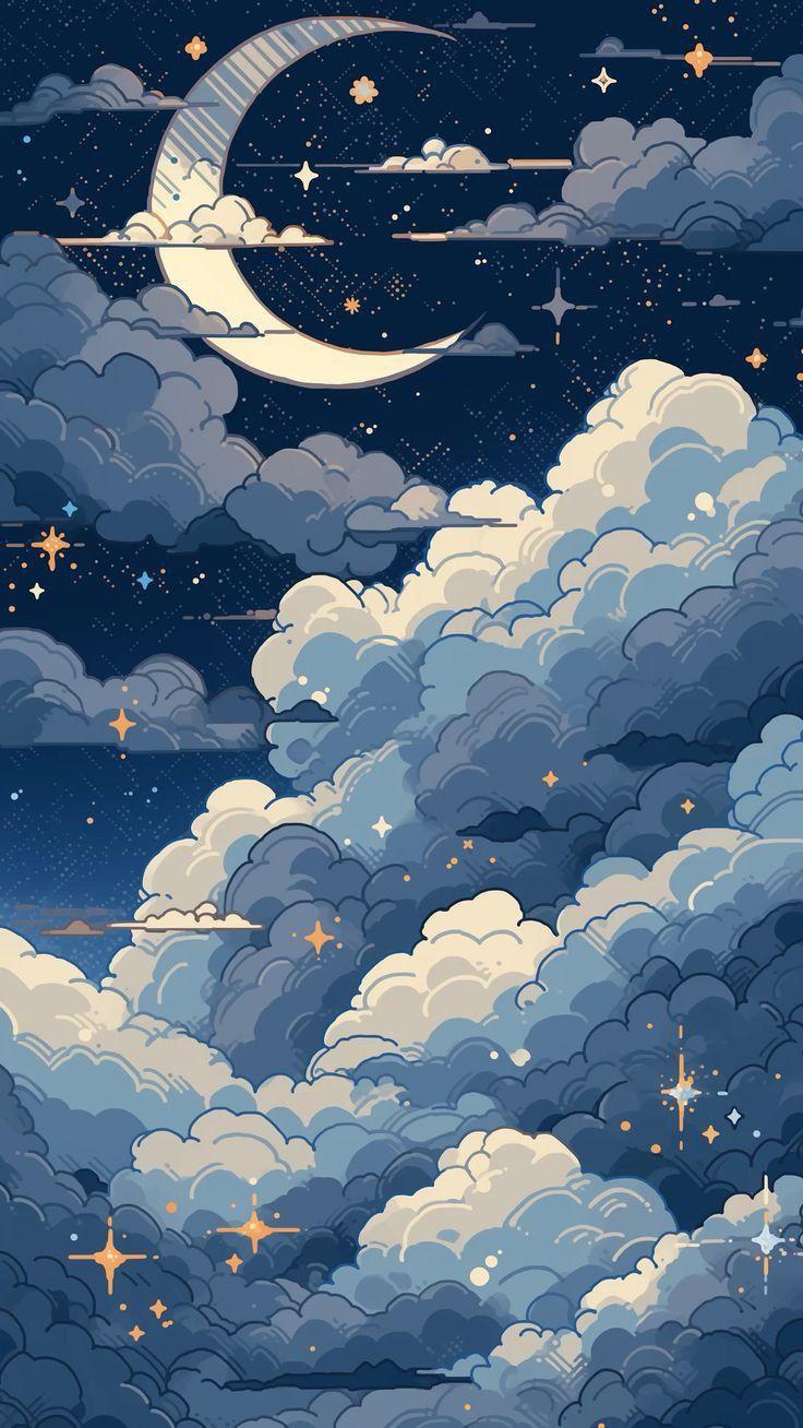 the night sky is full of stars and clouds, as if it were painted with acrylic paint