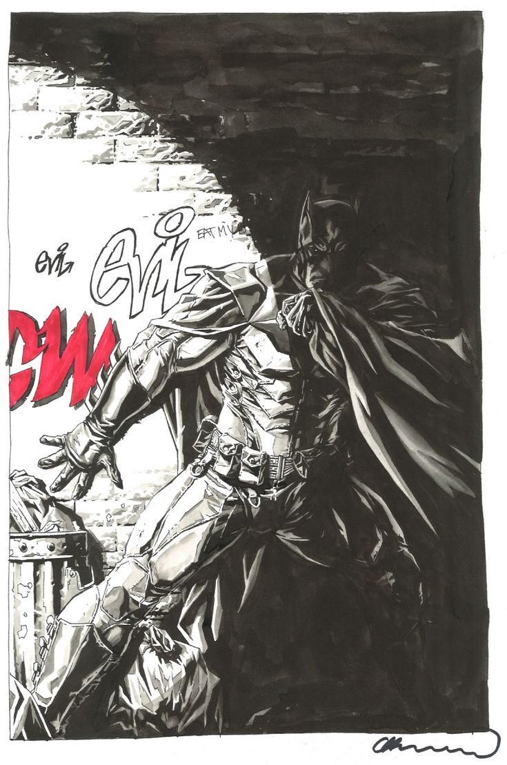 a drawing of the batman in black and white with red writing on it's side