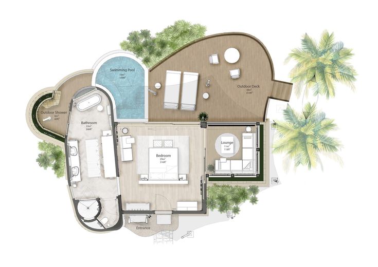 an aerial view of the floor plan of a house with swimming pool and hot tub