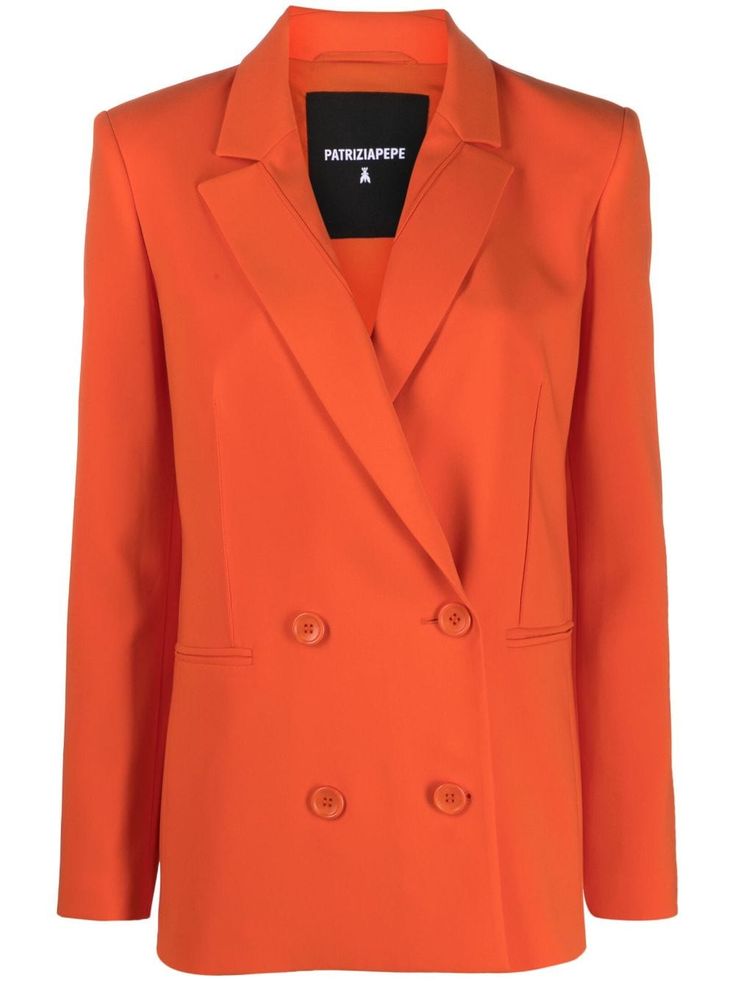 pumpkin orange peak lapels double-breasted button fastening long sleeves two front welt pockets Fall Notch Lapel Double-breasted Blazer, Fall Blazer With Double-breasted Button And Notch Lapel, Fall Tailored Double-breasted Blazer, Fall Double-breasted Suits With Long Sleeve, Orange Single-breasted Blazer For Fall, Fall Orange Single Breasted Blazer, Fitted Orange Outerwear With Notch Lapel, Elegant Single Breasted Orange Blazer, Double-breasted Suits With Hidden Button Closure For Fall