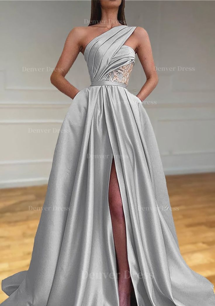 A Line One Shoulder Sleeveless Sweep Train Satin Prom Dresses For Black girls With Split Pleated Mermaid Sequin Dress, Modest Prom Dresses, Silver Prom Dress, Sparkle Prom Dress, Prom Dress With Train, One Shoulder Prom Dress, Detachable Skirt, Modest Prom, Valentines Day Dresses