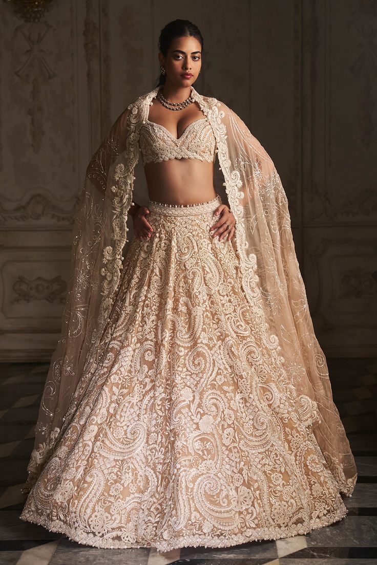 Buy Beige Organza Embroidered Pearl Paisley Pattern Bridal Lehenga Set For Women by Seema Gujral Online at Aza Fashions. Cut Work Embroidery, Pearl Strings, Seema Gujral, All Over Embroidery, Crystal Embroidery, Cutwork Embroidery, Pearl Details, Indian Bridal Outfits, Embroidery Blouse Designs