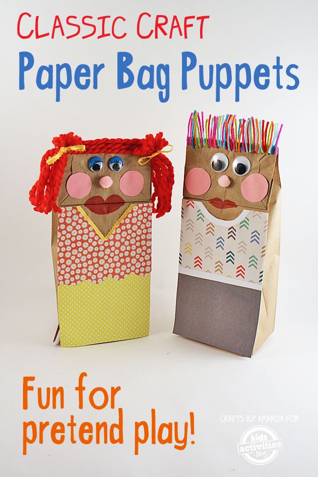 two paper bag puppets sitting next to each other on a white background with the words classic craft paper bag puppets fun for pretend play