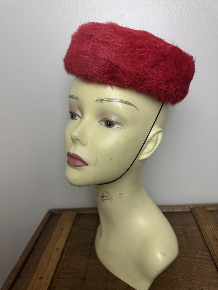 "Vintage 1960s Red Dyed Rabbit Fur Round Pillbox Hat This beautiful deep red hat is in excellent vintage condition. The fur is very soft. The hat has a black elastic band for fastening. 6\" round" Red Vintage Mini Hats With Curved Brim, Vintage Red Brimmed Cloche Hat, Red Vintage Costume Hat With Short Brim, Vintage Red Costume Hat With Short Brim, Retro Red Flat Cap, Vintage Red Flat Cap, Red Adjustable Vintage Mini Hats, Vintage Red Adjustable Mini Hats, Red Vintage Hats