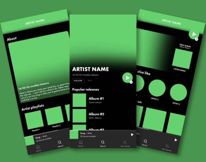 three green brochures with black and white designs on them, all in different colors