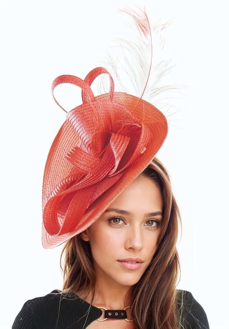 Coral Red Statement Hatinator Fascinator Royal Ascot Kentucky Derby Melburne Dubai Weddings Cocktail Party Ladies Day Headpiece Headwear Hat Hats By Cressida Kentucky Derby & Ascot Fascinator Hats Carlijn Free form coral red base trimmed with bow loops and a burnt ostrich feather Base measures 14 inches wide This coral red headpiece is mounted with a matching headband. If you prefer a headband to match your hair, please make a note at check out what colour headband you want. We make each hat to Elegant Orange Costume Hats And Headpieces For Party, Elegant Orange Party Costume Hats And Headpieces, Orange Party Hat Headpiece, Orange Mini Hats For Summer Parties, Red Top Hat For Spring Church Events, Red Top Hat For Spring Church, Red Hats For Spring Events, Red Costume Hat For Church, Elegant Orange Mini Hats For Party