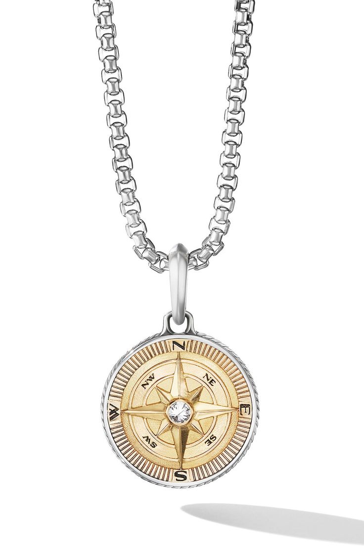 18-karat gold and sterling silver. Center diamond, total diamond weight: 0.07ct. Amulet, 29 x 20mm. Chain sold separately. Imported. >Diamond Guide Compass Pendant, Diamond Guide, David Yurman, Compass, Pocket Watch, Nordstrom, Sterling Silver, Chain, Pendant