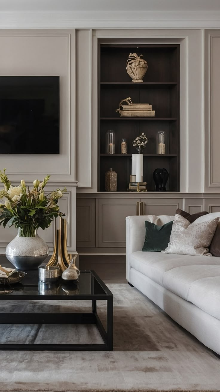 a living room filled with furniture and a flat screen tv mounted to the side of a wall