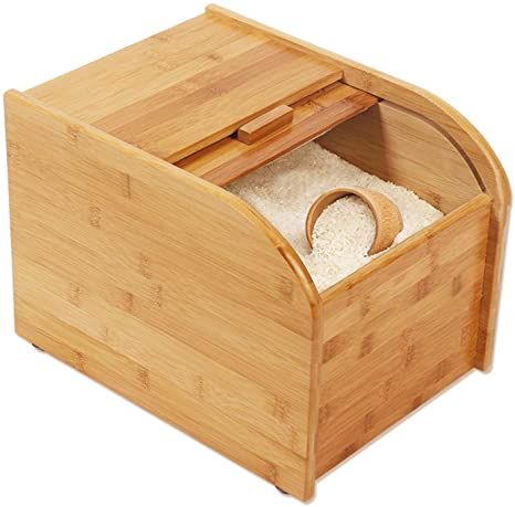 an open bamboo box with rice in it