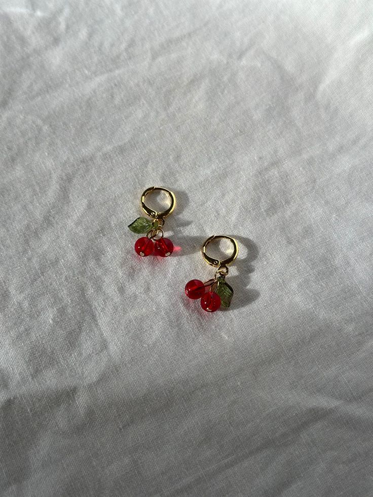 18K Gold Plated Huggie Hoop Earrings with Cherry Charm, Lightweight, Rust Resistant, Lever Back Earrings, 12mm, Gifts for Her Dainty Dangle Earrings, Cherry Charm, Fruit Jewelry, Handcrafted Earrings, Huggie Hoop Earrings, Etsy Earrings Dangle, Jewelry Earrings Hoops, Vibrant Red, Rust