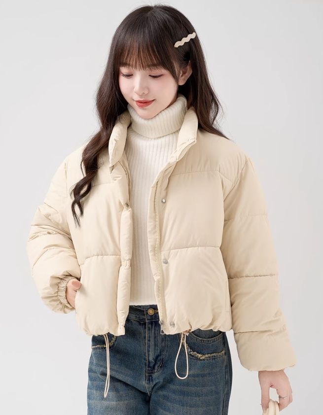 Beige Stand Collar Puffer Jacket S Cropped Jacket Outfit Casual, Crop Puffer Jacket Outfit, Beige Puffer Jacket Outfit, Cropped Puffer Jacket Outfit, Cropped Jacket Outfit, Winter Jacket Outfits, Puffer Jacket Style, Black Motorcycle Jacket, Puffer Jacket Outfit