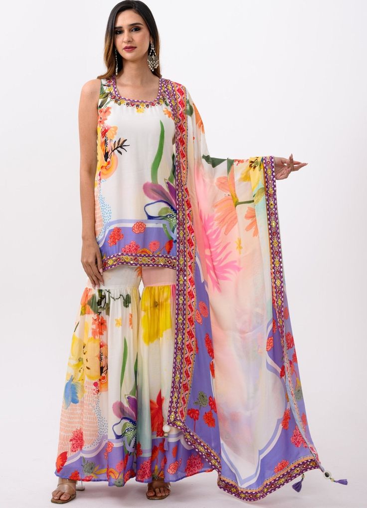 Summer Bloom Printed Kurta Sharara Juhi Bengani - Fabilicious Fashion Satin Kurta, Indo Western Dresses For Women, Sharara Pants, Indo Western Dress, Indian Wedding Wear, Organza Dupatta, Western Dresses, Wedding Wear, Indian Outfits