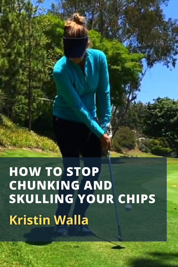 a woman is playing golf with the words how to stop chunking and skulling your chips