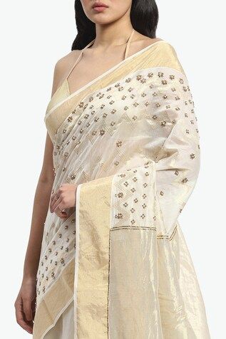 Ivory chanderi saree embroidered with golden threads and pearls. Comes with running blouse piece. - Aza Fashions Seoul Sunset, Satya Paul, Chanderi Saree, Blouse Piece, Aza Fashion, Seoul, Blouses For Women, Thread, Saree