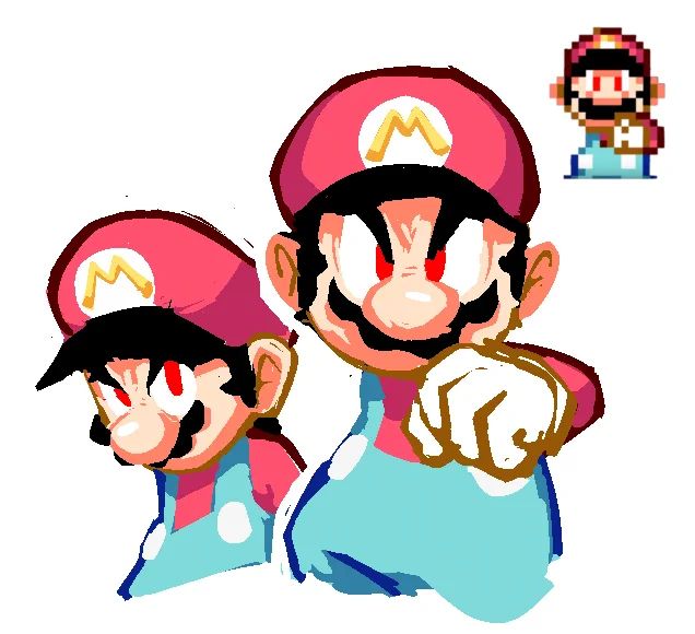 two super mario bros standing next to each other in front of an image of the same character