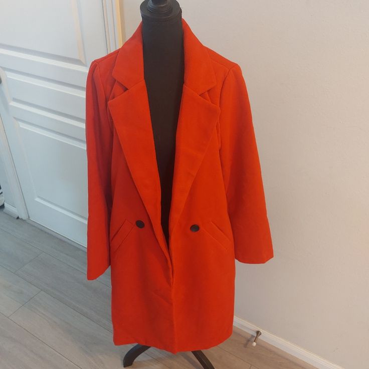 Brand New Coat With Tag, Single Button, Wool. Please View The Item Carefully Before Purchasing. Feel Free To Ask Questions. Measurements Will Be Updated Red Single Button Blazer For Spring, Collared Orange Outerwear For Work, Orange Outerwear With Button Closure For Work, Orange Buttoned Outerwear For Work, Red Outerwear With Pockets For Office, Orange Collared Outerwear For Work, Chic Red Pea Coat For Workwear, Orange Outerwear With Buttons For Work, Red Pea Coat For Work