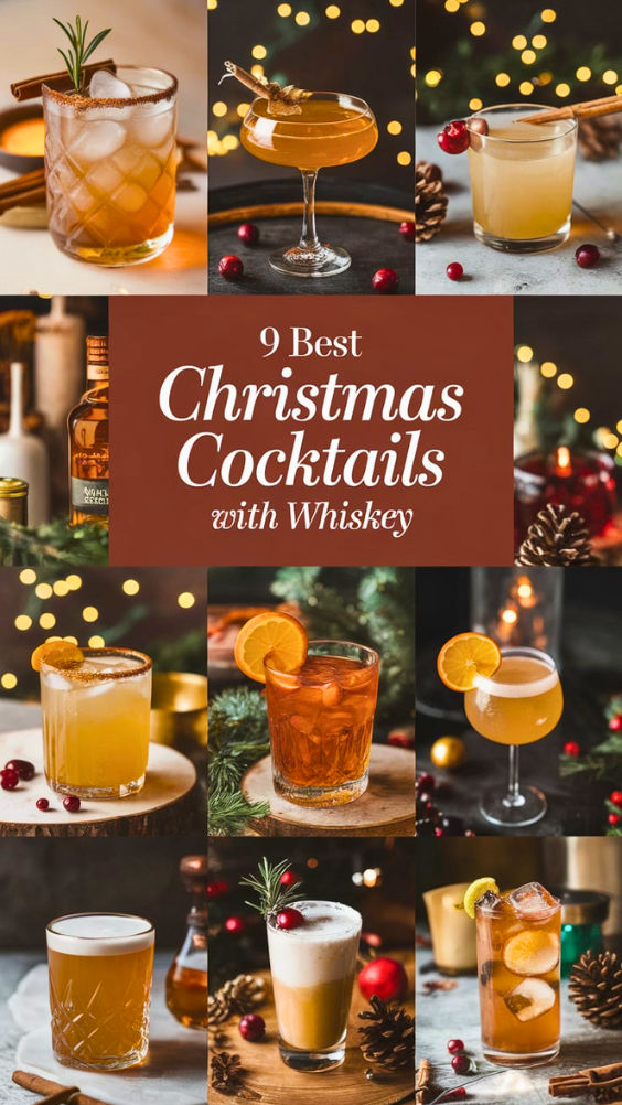 the 9 best christmas cocktails with whiskyy in glasses and garnishes