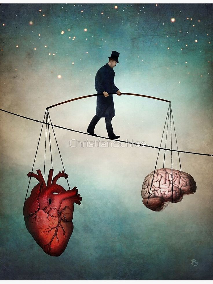 a man walking across a tightrope between two human heart shaped objects in the sky