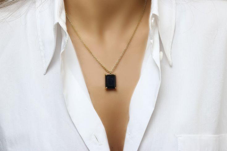 "A Black Onyx necklace is a true embodiment of sophistication and elegance. This gem necklace is handcrafted in 14k gold and features a rectangular Black Onyx gemstone in prongs. Everything about this yellow gold necklace is to love - it is versatile and totally wearable from day until evening. ♥ Gemstone Type - Black Onyx ♥ Gemstone Size - 13x18mm ♥ Gemstone Cut - Rectangle - More options available in the drop down menu ♥ Metal Type (Main Photo) - 14k Gold Filled - More options available in the Gold Jewelry With Rectangular Stone For Formal Occasions, Gold Jewelry With Rectangular Stone For Formal Events, Formal Gold Jewelry With Rectangular Stone, Luxury Gold Necklace With Rectangular Stone, Minimalist Formal Jewelry With Rectangular Pendant, Formal Minimalist Jewelry With Rectangular Pendant, Minimalist Rectangular Pendant Jewelry For Formal Occasions, Formal Necklace With Rectangular Gemstone Pendant, Formal Gemstone Necklace With Rectangular Pendant