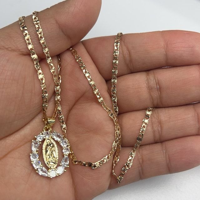 Virgencita Diamond Necklace - Etsy Gold Cubic Zirconia Necklace With Figaro Chain, Cubic Zirconia Figaro Chain Necklace Gift, Gold-plated Diamond Cut Necklace, Gold Pendant Chain Necklace With Diamond Cut, Gold Cubic Zirconia Diamond Cut Chain Necklace, Napa Ca, Pendant Necklaces, Labour Day, Necklace Etsy