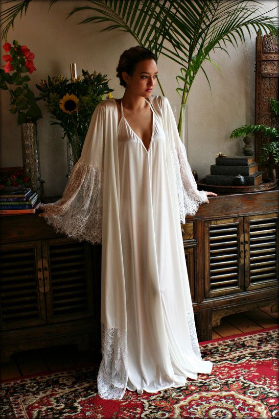 Satin Bridal Robe Lace Trimmed Angel Sleeve Wedding Sleepwear Lace Patchwork Gown For Wedding Night, White Lace Wedding Nightgown, White Lace Nightgown For Wedding, Lace Dress With Lace Cuffs For Wedding Night, Cream Lace Wedding Nightgown, Wedding Cream Lace Nightgown, White Satin Sleepwear Gown, White Lace Trim Wedding Sleepwear, Satin Wedding Nightgown With Lace Trim