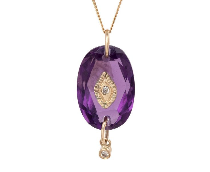 Perfectly balancing a French bohemian vibe with an earthy palette and hint of sparkle, Pascale Monvoisin has created a necklace you can wear solo or layer with your favorites. Hanging from the center of the 9K yellow gold chain is a hand faceted deep purple amethyst pendant set with tiny inlaid shimmering diamond and bezel set diamond dangle. total chain length : adjustable : 14 1/2" and 16"pendant : just over 3/4" lengthamethyst : 10mm x 15mm diamonds : 1mm diameter each9K yellow gold spring ri Yellow Gold Necklace With Gemstone Accents, Fusion Style Necklaces With Gemstone Accents, Gold Teardrop Necklace With Gemstone Accents, Fine Jewelry Yellow Gold Amethyst Necklaces, Fine Jewelry Amethyst Necklaces In Yellow Gold, Fine Jewelry Amethyst Necklace In Yellow Gold, 14k Gold Briolette Necklace With Gemstone Accents, Elegant Amethyst Necklace With Delicate Chain, Gold Fusion Necklace With Gemstone Accents