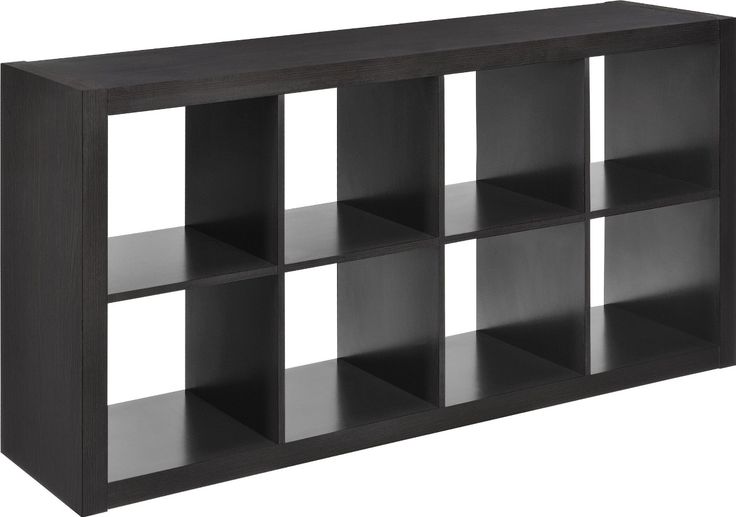 a black bookcase with six shelves on each side