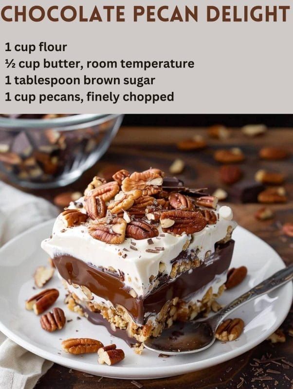 a piece of chocolate pecan delight cake on a plate