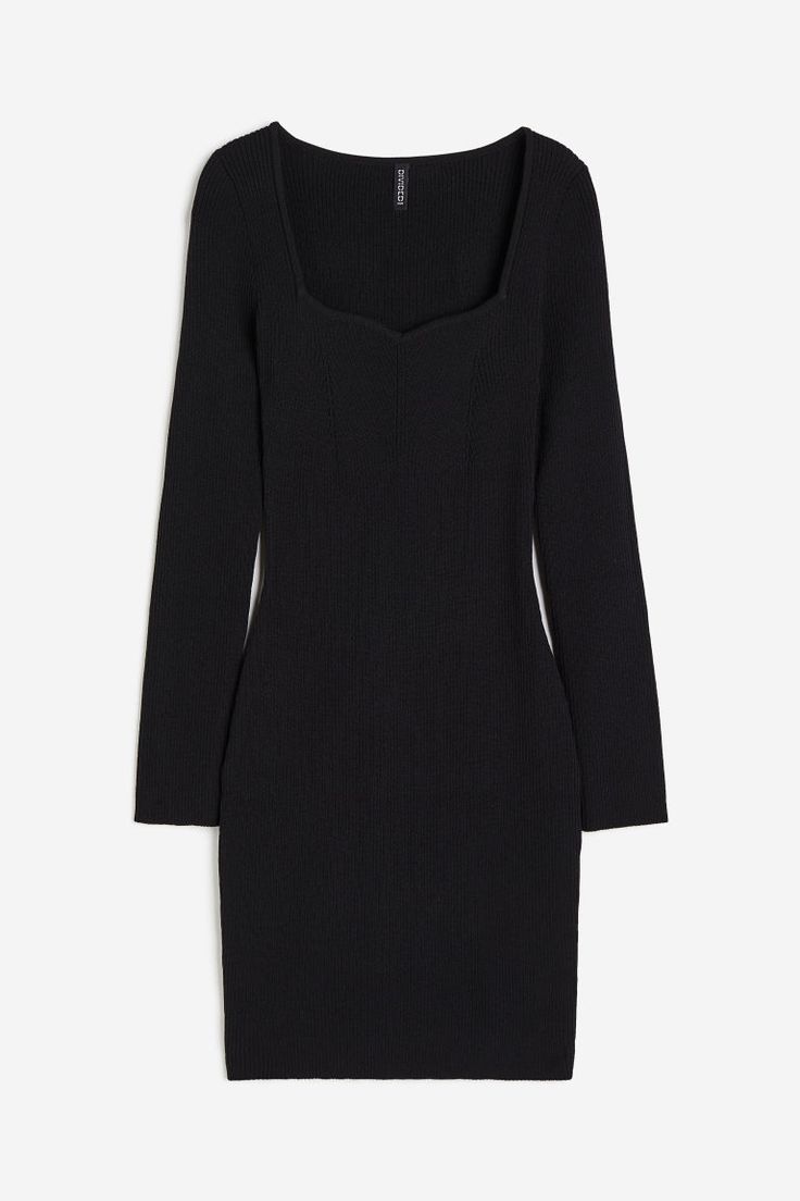 Short  fitted dress in a soft rib knit. Sweetheart neckline  fully fashioned section over bust  and long sleeves. Short Black Dress, Short Fitted Dress, Target Dress, Black Sweater Dress, Fully Fashioned, Neck Bodycon Dress, Maxi Knit Dress, Black Bodycon Dress, Black Sweater