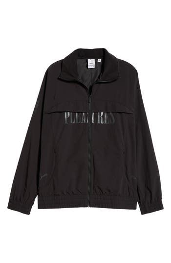 This relaxed-fit track jacket is part of a collab with PLEASURES and is inspired by a clash of racing and punk-inspired streetwear. Bold tonal branding for both labels subtly reflects against the sleek nylon on the outerwear, while underarm ventilation keeps it breathable throughout the day. 28" length (size Medium) Front zip closure Stand collar Elastic cuffs and hem Side zip pockets Underarm ventilation Water-repellent 100% recycled nylon Machine wash, tumble dry Imported PUMA has received the Punk Inspiration, Puma X, Track Jacket, Track Jackets, Stand Collar, Repellent, Water Repellent, Side Zip, Zip Pockets