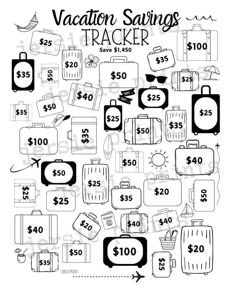 the vacation savings tracker is shown in this black and white version, with luggage on it