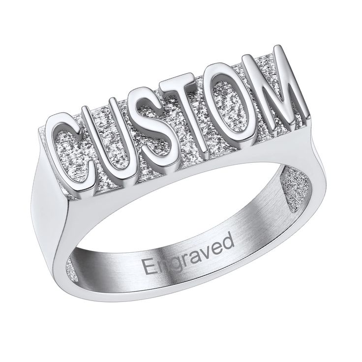 PRICES MAY VARY. 💗💗[Personalized Name Ring]Trendy modern block name ring engravable,you can engrave Name,Birthday,Letter,Initial,Symbol,Faith,Inspirational words on the ring.It is a stylish nameplate ring for you.This eye catching and unique unisex ring with hip-hop style is a must-have for men or women. ✍[Custom Name Ring]①Start by "Customize Now" button--②Select the Font ③-Input Letters-④Add to Cart. 💗[High Quality Customized Ring]Made of durable 316L stainless steel - which is a hypoallerg Personalized Silver Ring With Name, Silver Engraved Nameplate Ring With Custom Name, Silver Nameplate Engraved Ring, Silver Engraved Nameplate Ring, Silver Nameplate Rings As Gifts, Silver Nameplate Rings For Anniversary, Silver Nameplate Rings For Gift, Silver Nameplate Ring As Gift, Personalized Black Stainless Steel Rings