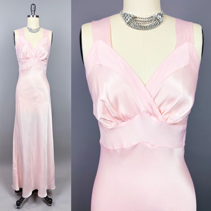 Gorgeous original 1940s nightgown in gleaming pink liquid satin by Rhythm Lingerie. A little more pink in person than my photos could capture!  I think this style dates from around 1949 - I found an ad for Rhythm slips in the same style (surplice bodice, crepe-backed rayon satin trimmed with rayon crepe) in newspaper archives from December 1949, shown.  * Lush crepe-backed liquid satin fabric - extremely soft and luxurious, nothing like the satins made today! This Bur-Mil rayon satin is quite a Vintage Pink Dress For Night Occasion, Vintage Pink Dress For Night, Vintage Fitted Nightgown For Party, Vintage Fitted Nightgown, Vintage Pink Night Dress, 1940 Nightgowns, 1930 Nightgown, Fitted Pink Nightgown With Built-in Bra, Pink Fitted V-neck Nightgown