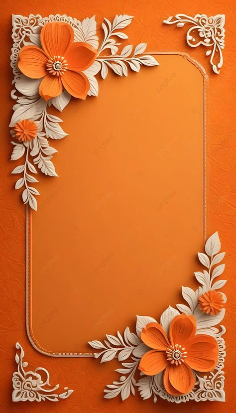 an orange background with white flowers and leaves on the corner, in the center is a square