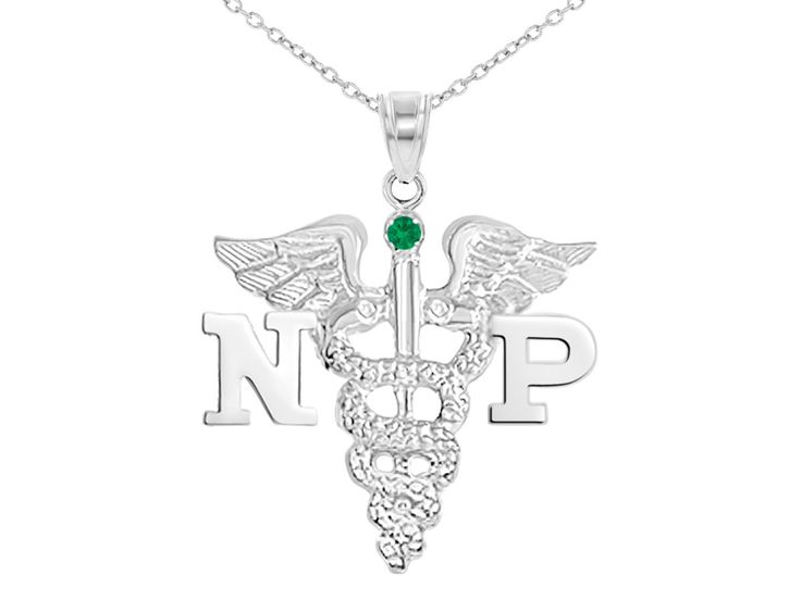 "NP necklace for Nurse Practitioners graduates USA manufactured in solid sterling silver. 3/4\" length charm and a beautiful combination of high polish and diamond cut finish. An attractive presentation gift box included. You can also customize your Nurse Practitioner NP charm with a variety of gemstones including diamonds, rubies, emeralds, pink sapphires, amethysts and other beautiful colors weighing approximately 0.025 carats. The pendant is suspended from a strong yet beautiful solid sterlin Personalized Silver Jewelry For May Birthstone, Personalized Silver Fine Jewelry Gift, Silver Fine Jewelry For Personalized Gift, Fine Silver Jewelry For Personalized Gift, Customizable Silver Round Pendant Jewelry, Personalized Silver Fine Jewelry, Personalized Symbolic Silver Charm Necklace, Sterling Silver Charms With Birthstone, Symbolic Sterling Silver Jewelry For Personalized Gift