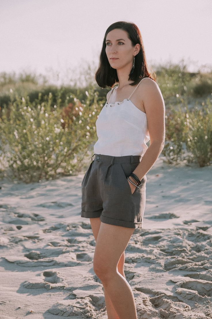 "Simple linen shorts for summer. The shorts are not very tight, so you can wear them both for business meetings and for walks with family and friends. There are pockets on both sides. You can experiment and pair the shorts with any other outfit, or wear them on a low or high rise.  We don't create fast fashion. We create a sustainable foundation for many years. FABRIC The materials are resistant to washing and the quality of the seams ensures that the shorts will last you for many years. The shorts were made of 100% pure linen, have a medium weight 185g/m2. It won't shrink and they are soft and nice to wear. High quality with Ecotex-100 certificate. Linen is produced in Belarus from local crops. SIZE AND COLOR You can customize your shorts and choose the color and size that suits you. Size Chic Linen Summer Bottoms, Linen Shorts For Vacation, Summer Linen Shorts For Vacation, Bohemian Style Short Shorts For Summer, Bohemian Style Summer Shorts, Linen Bermuda Shorts For Summer, Summer Linen Bottoms, Summer Style Linen Shorts, Relaxed Fit Linen Shorts For Day Out