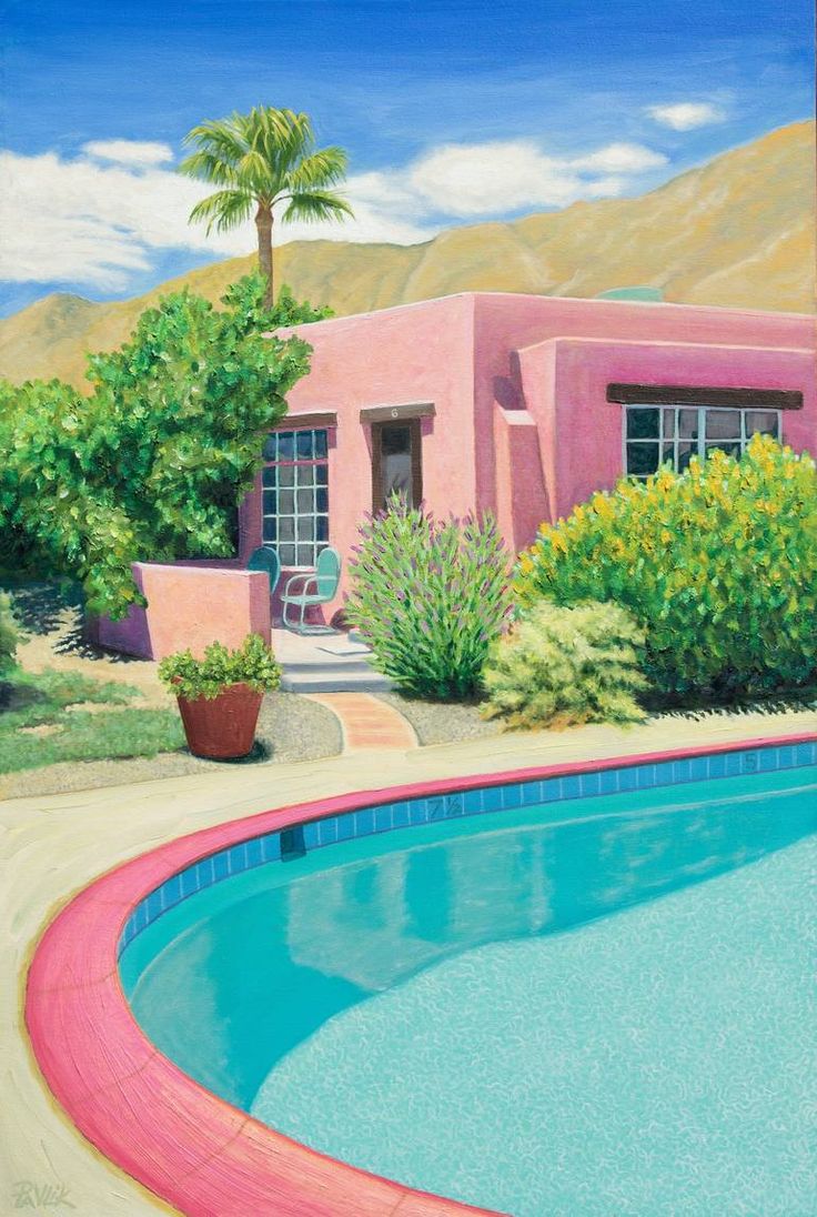 a painting of a house with a pool in the foreground and mountains in the background