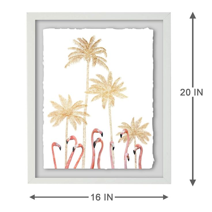 a white frame with three pink flamingos and two palm trees in the background, measurements for