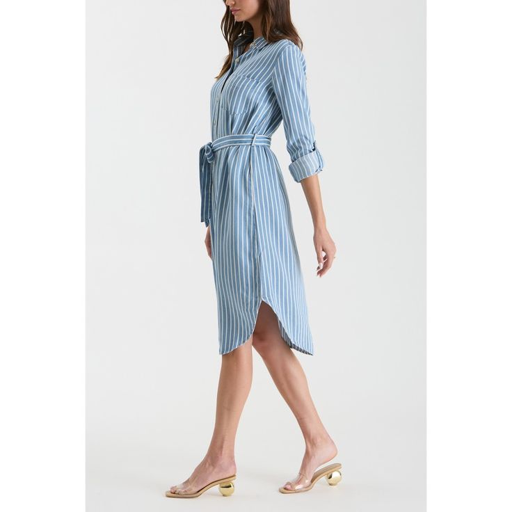 Step into style with the August Sky Women's Striped Front Button-Up Shirt Dress. Featuring a point collar and front button closure, this dress has long sleeves with button tabs for adjustable length. The back yoke and pinstripe print add a classic touch, while loops and a self-tie belt cinch the waist for a flattering fit. A front single patch pocket and U-hemline complete the look. Made from fabric with no stretch, this unlined dress is perfect for both casual and polished occasions. Spring Shirt Dress With Placket, Spring Shirt Dress With Button Cuffs, Spring Button-up Shirt Dress With Button Cuffs, Chic Shirt Dress With Placket For Spring, Spring Daywear Dresses With Placket, Spring Dress With Placket For Day Out, Spring Dresses With Placket For Day Out, Button-up Dress With Placket For Day Out, Casual Light Blue Midi Shirt Dress