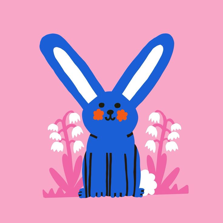 a blue bunny sitting in front of some flowers on a pink background with the words happy easter written below it