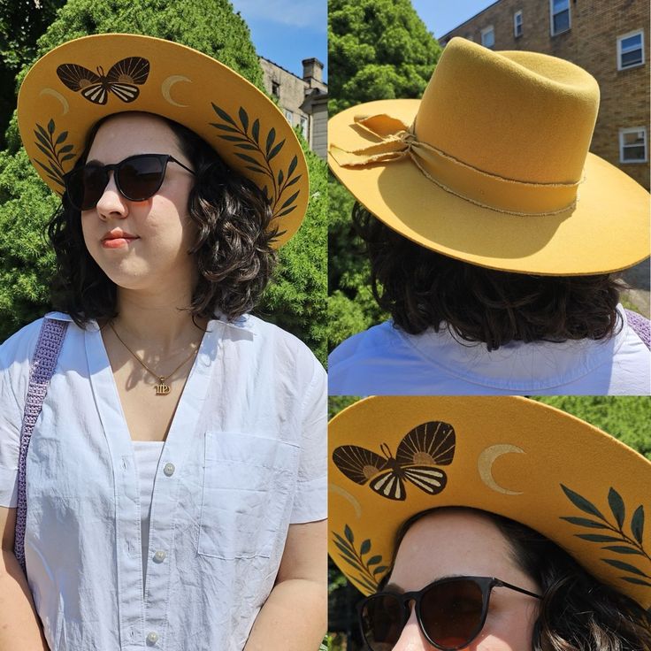 Olive & Pique Kaia Panama Hat In Mustard Yellow Color. Wool Felt. Hand Painted Underside With Butterfly Moth And Crescent Moons And Leaf Design In Brown And Teal Blue. Great Western Country Boho Fall Autumn Rodeo Cowboy Cowgirl Whimsigoth Bohemian Style New Without Tags Unused Like New Condition Opening Is 7" Across One Way And 8.5" The Other Direction. Inside Circumference About 24" Whimsigoth Bohemian, Hand Painted Butterfly, Butterfly Moon, Painted Butterfly, Mustard Yellow Color, Moon Moth, Rodeo Cowboy, Large Hats, Great Western