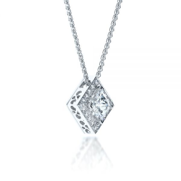 1332 14k White Gold Pendant   1 Diamond - .50 ctw   GIA Certified   20 Diamonds - .28 ctw   Clarity: VS2 - Color: G   Chain 16" 1.3 MM   Joseph Jewelry. This dazzling pendant features a princess cut diamond chevron prong set in the center of a bright cut set diamond halo, with elegant filigree accents on the white gold basket behind. It’s a glamorous piece that incorporates both contemporary and classical elements to generate a unique look, and our team can work with you to modify it and make it Princess Cut Diamond Necklace Fine Jewelry, Fine Jewelry Diamond Necklace With Princess Cut, Anniversary Princess Cut Diamond Necklace In Fine Jewelry Style, Diamond Solitaire Princess Cut Necklace For Wedding, Brilliant Cut Princess Diamond Necklace, Wedding Diamond Necklace Princess Cut Brilliant, Wedding Diamond Necklace Brilliant And Princess Cut, Fine Jewelry Princess Cut Diamond Necklace For Anniversary, Princess Cut Solitaire Diamond Necklace For Wedding