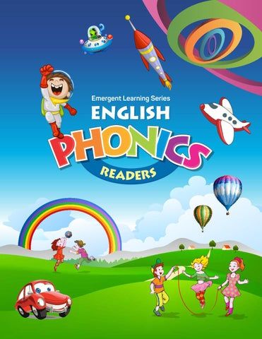 english phonics readers book cover with children flying around in the sky and colorful objects