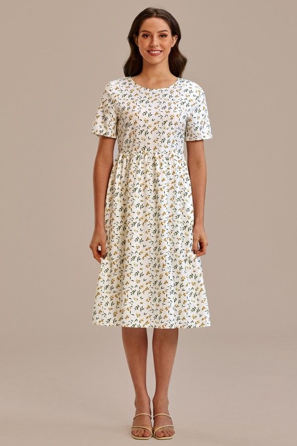 Floral Short Sleeve Round Neck Midi Dress Modest Fitted Floral Dress For Spring, Non-stretch White Floral Print Dress, Casual Floral Print Dress For Fall, Modest Floral Dress For Spring, Casual Fall Floral Print Dress, Floral Print Non-stretch Midi Dress For Garden Party, Non-stretch Floral Print Midi Dress For Garden Party, Casual Knee-length Floral Dress With Ditsy Print, Fitted Knee-length Dress With Ditsy Floral Print