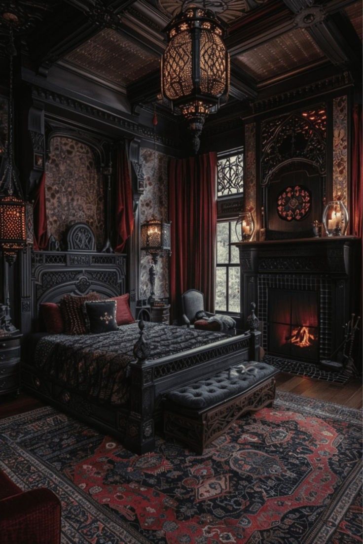 a bedroom with a bed, fireplace and chandelier in the middle of it