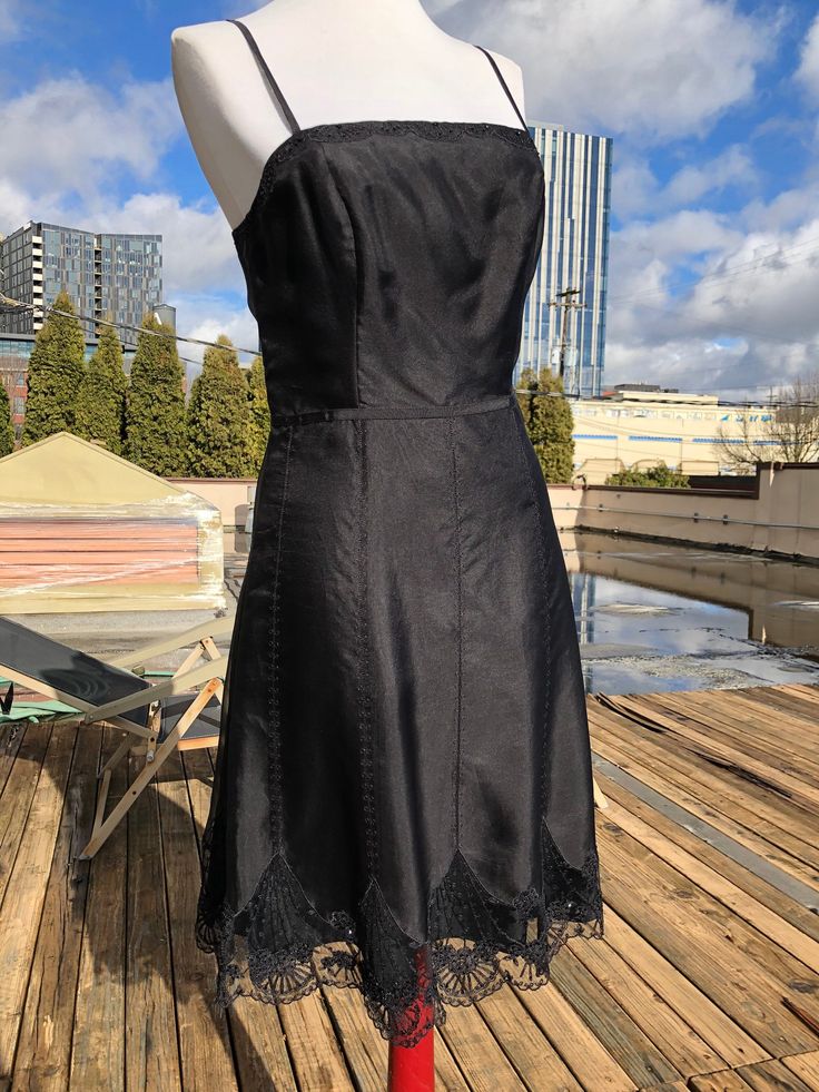 "Shell: 100% silk sheer shimmery voile or organza type. Fully lined in acetate. Size 2 (extra small/Small). Great condition. Side hidden zip. Measurements: pit to pit:17\" across waist:14\" across hip:19\"-20\" bottom hem sweep:28\"/56\" length from top of shoulder: 37.5\"-38.5\"" Elegant Fitted Sheer Slip Dress, Fitted Lace Trim Slip Dress For Formal Events, Sheer Satin Slip Dress For Night Out, Formal Fitted Slip Dress With Lace Trim, Silk Dresses With Lace Trim And Spaghetti Straps, Sheer Satin Summer Dresses, Evening Dresses With Lace Trim, Summer Sheer Satin Dresses, Sheer Sleeveless Satin Slip Dress