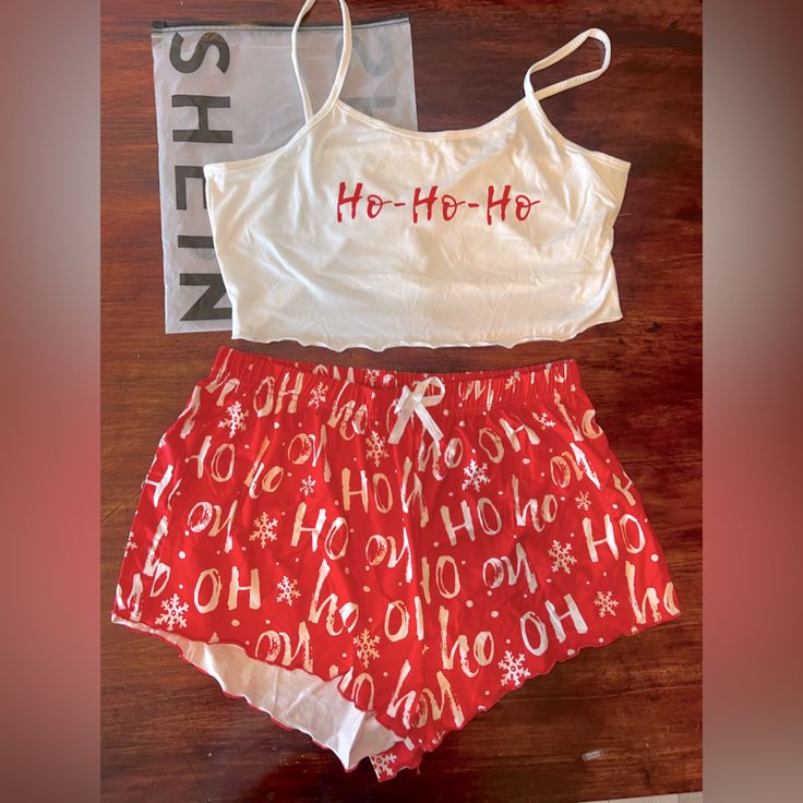 Xmas Pj Set Shorts And Crop Top Ho Ho Ho White Cotton Christmas Sleepwear, Casual White Holiday Sleepwear, White Bottoms For Christmas Holiday, Holiday White Sleepwear For Pajama Party, White Holiday Sleepwear For Pajama Party, Red Cotton Holiday Sleepwear, Shin Outfits, Pjs Summer, Shorts And Crop Top