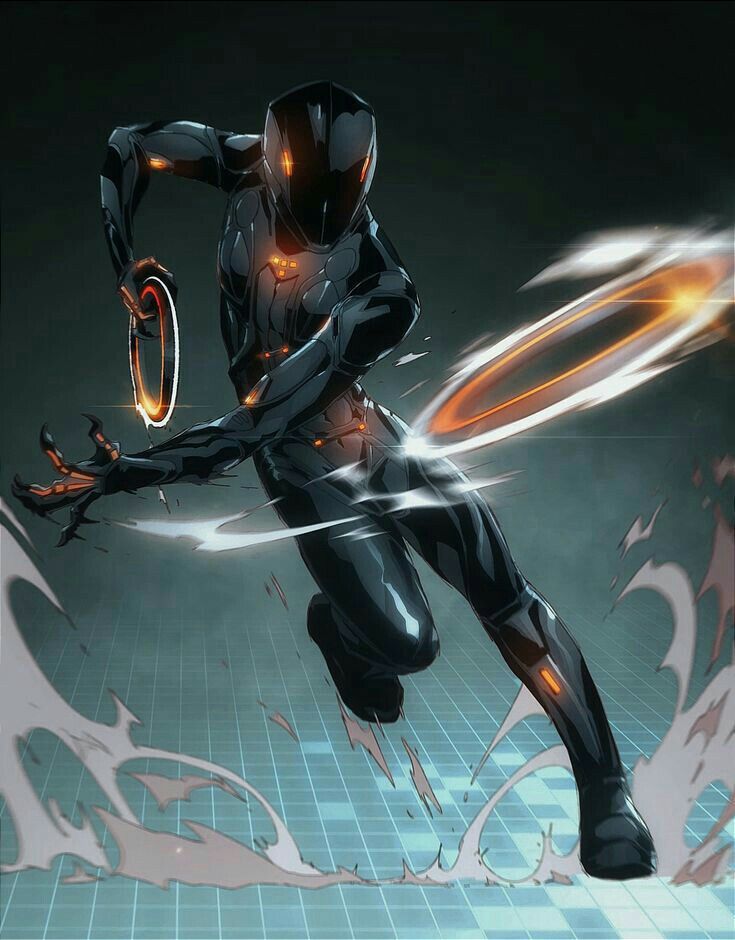 a futuristic man running through the air with fire around him